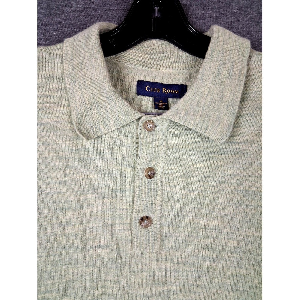 Club Room Mens Sweater Medium Green 100% Merino Polo Long Preppy Classic Flaw
